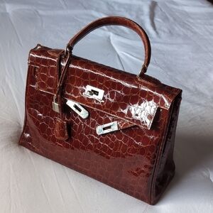 Structured Croc-Embossed Top-Handle Satchel in Rich Brown